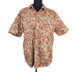 SUN + STONE Cotton Short Sleeve Button Down Shirt Tan Red Leafy unisex
